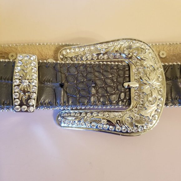 Western‎ Stud Show Gray Leather Jeweled Belt XO Bling Size 33 to 39 Inch main image 5